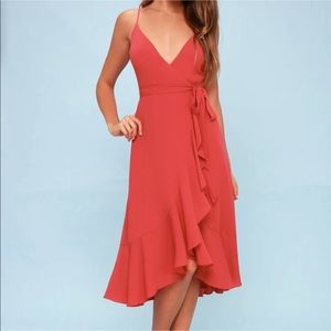 Lulu’s Manhattan Moment Berry Pink Ruffled Midi Wrap Dress